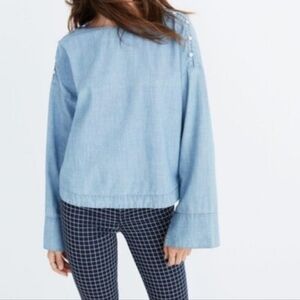 Madewell Womens Convertible Shoulder Chambray Blouse Blue Size Small